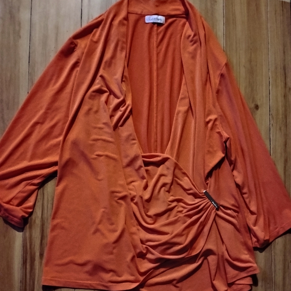 Calvin Klein Orange Ruched Front Sleeveless Blouse with Metal Accent